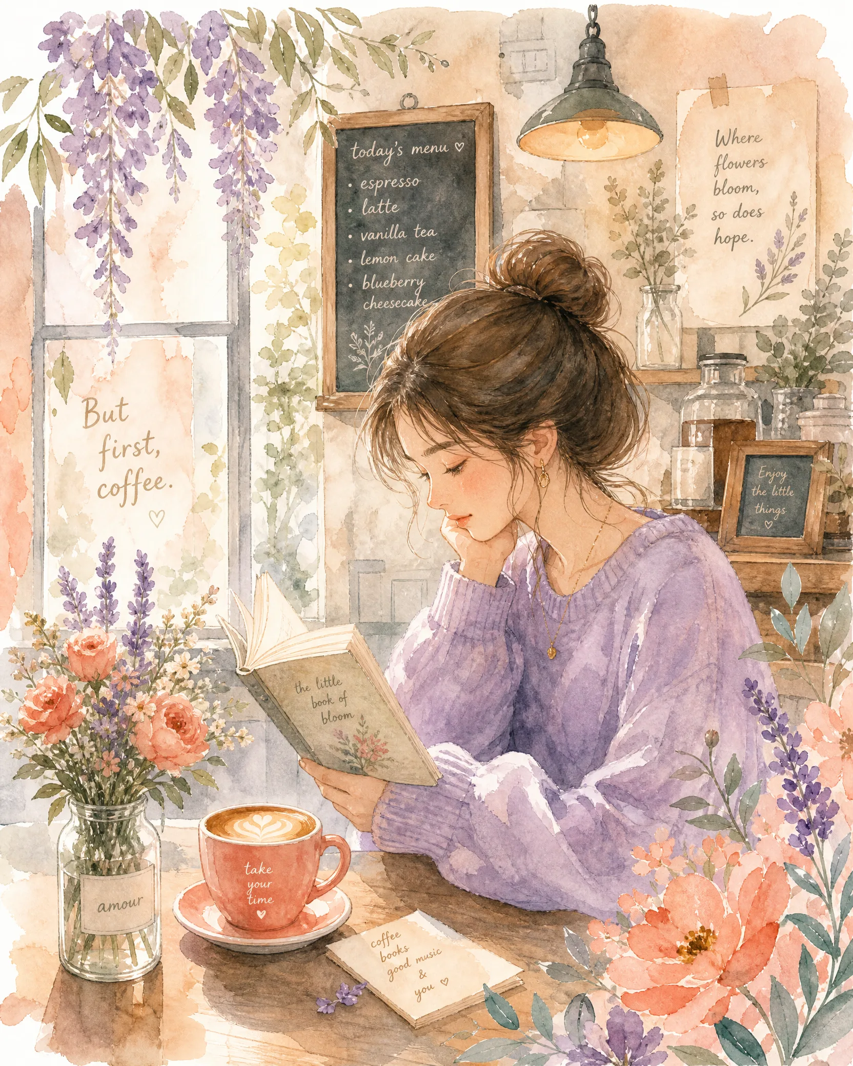 水彩风格咖啡馆阅读少女插​画