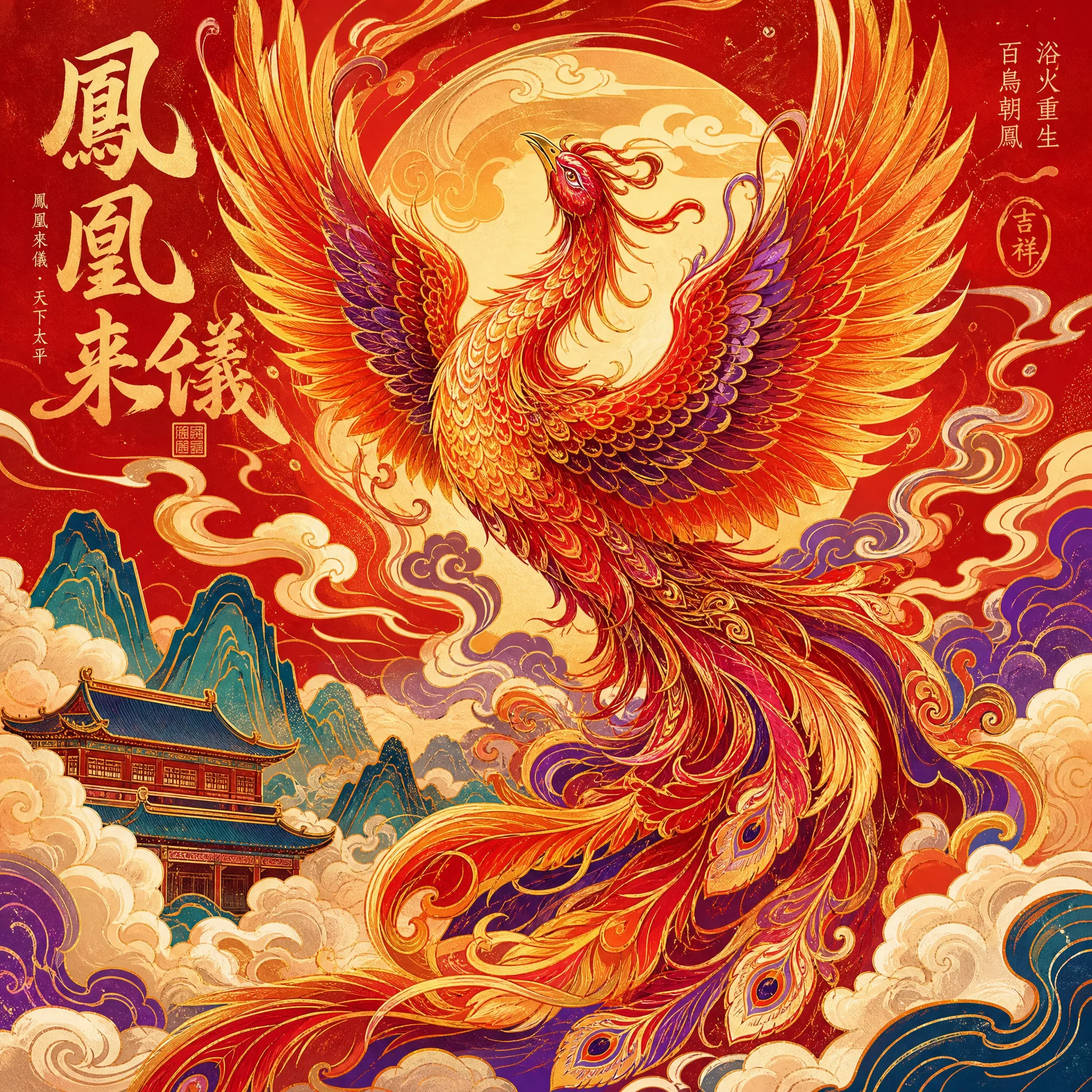 国潮风格凤凰祥云中国传统插﻿画