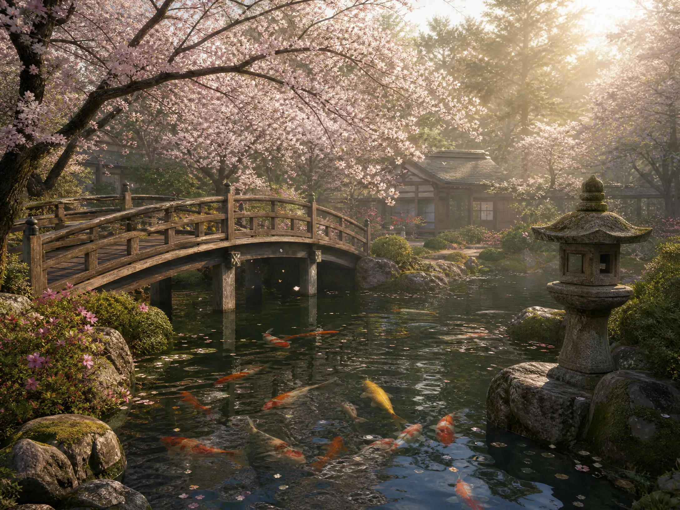 写实风格日式庭院樱花锦鲤插画